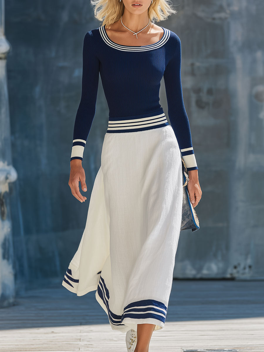 Casual Retro Blue Knit Top And White Cotton Linen Skirt Set