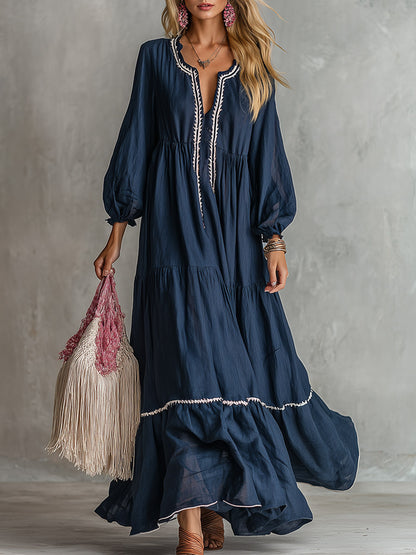 Vintage-style Embroidered Navy Cotton-linen Maxi Dress