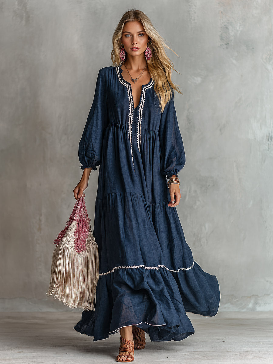 Vintage-style Embroidered Navy Cotton-linen Maxi Dress