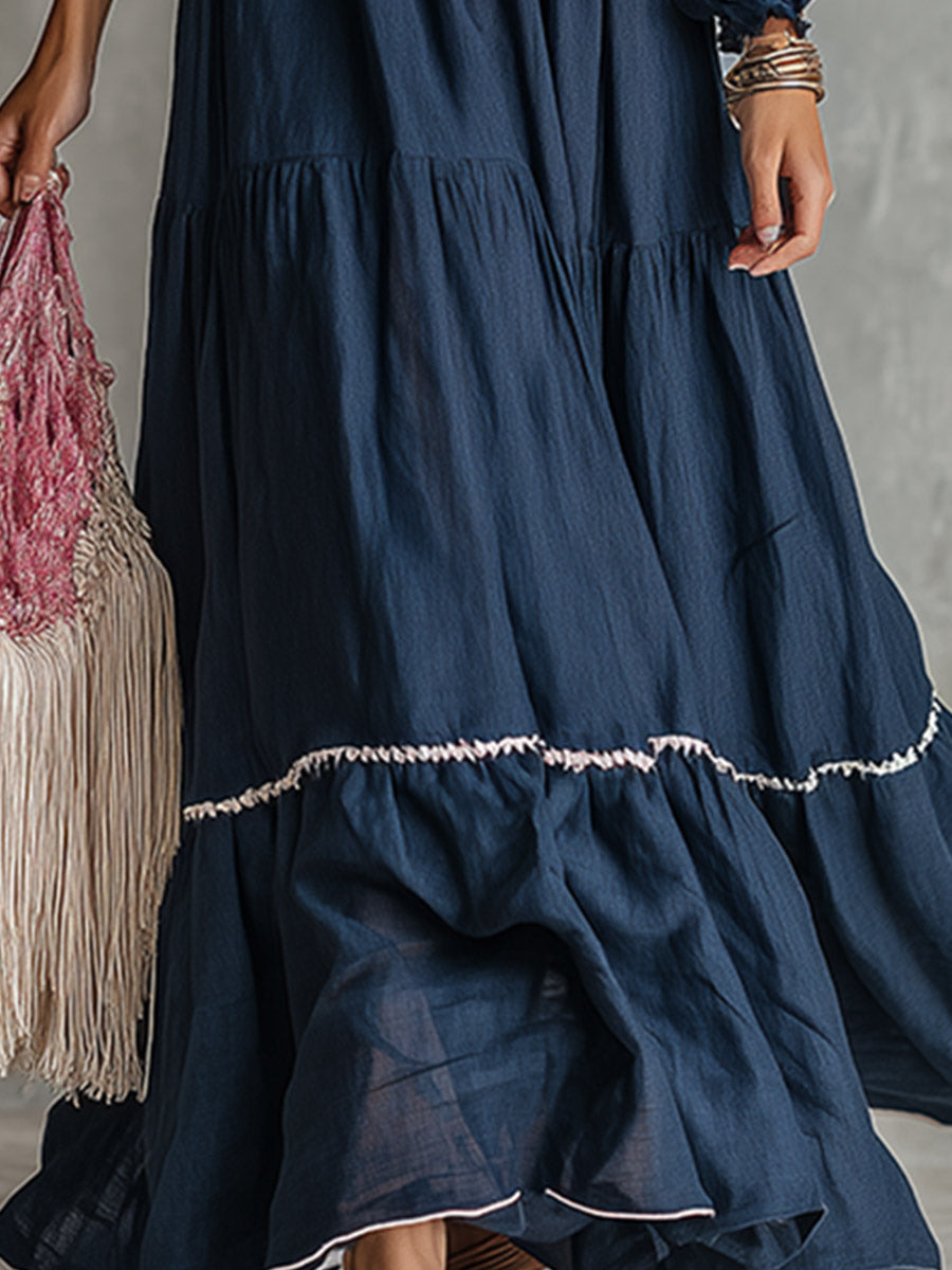 Vintage-style Embroidered Navy Cotton-linen Maxi Dress