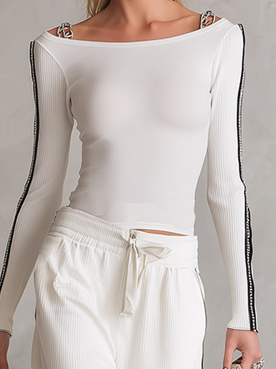 Casual Everyday White Top With Metallic Straps &amp; Wide-Leg Trousers Knit Set