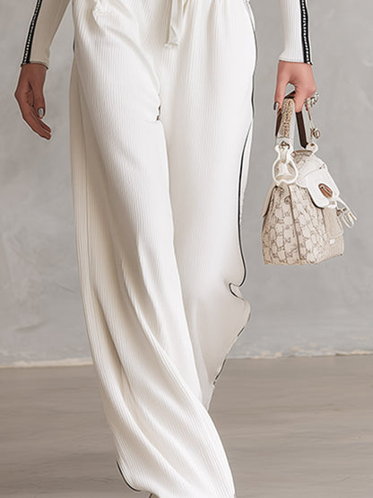 Casual Everyday White Top With Metallic Straps &amp; Wide-Leg Trousers Knit Set