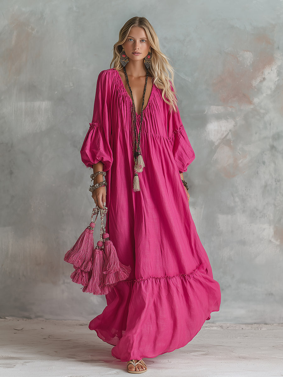 Vintage-Chic Bohemian Rose-Red V-Neck Cotton-Linen Maxi Dress