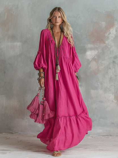 Vintage-Chic Bohemian Rose-Red V-Neck Cotton-Linen Maxi Dress