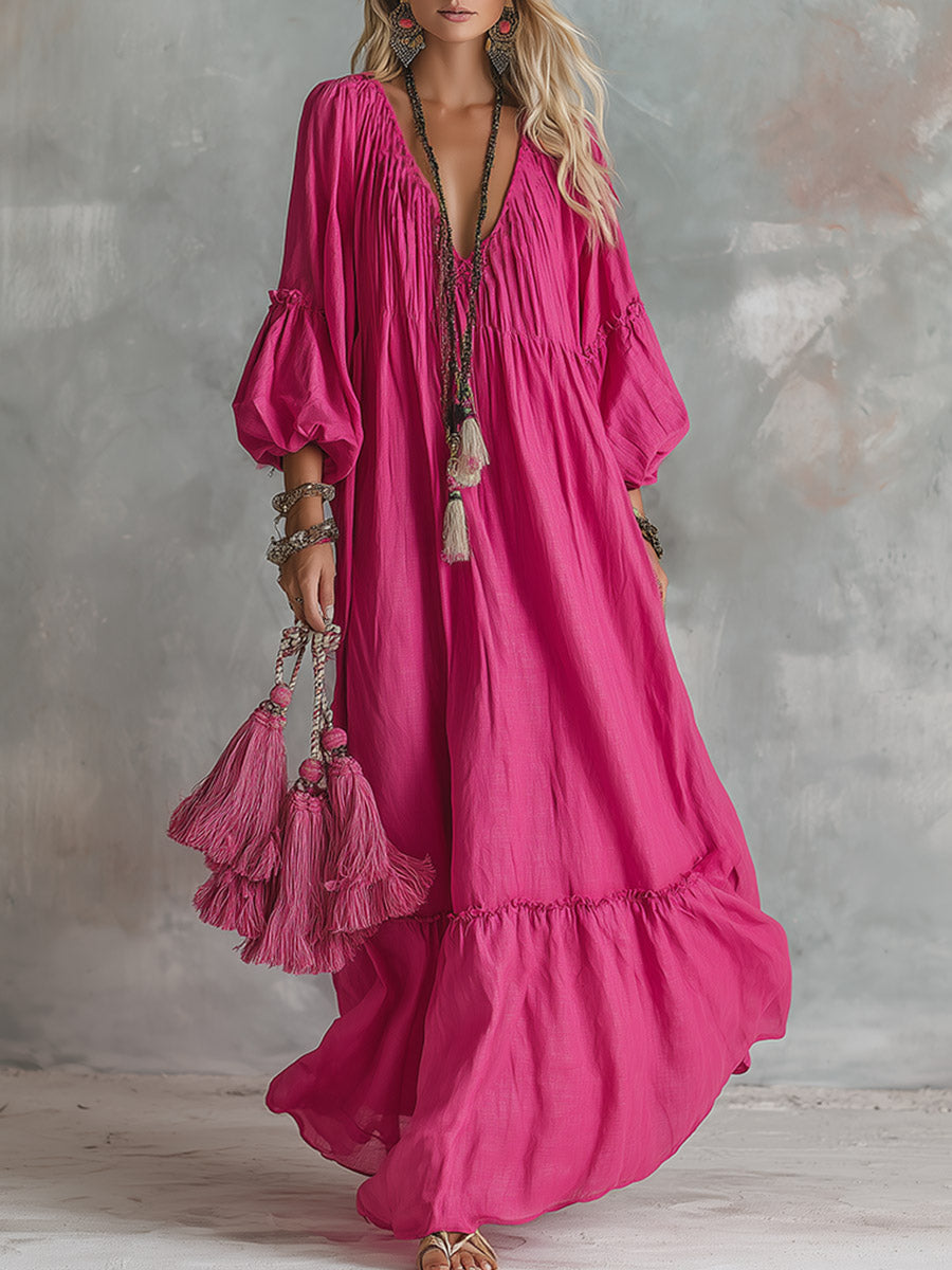 Vintage-Chic Bohemian Rose-Red V-Neck Cotton-Linen Maxi Dress