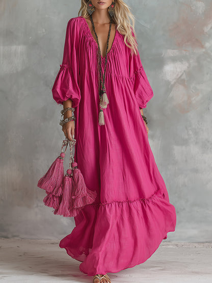 Vintage-Chic Bohemian Rose-Red V-Neck Cotton-Linen Maxi Dress