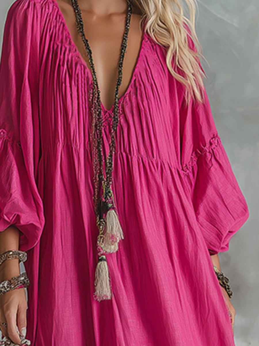 Vintage-Chic Bohemian Rose-Red V-Neck Cotton-Linen Maxi Dress