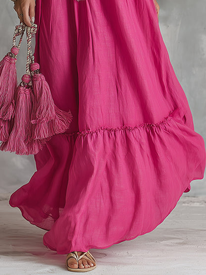 Vintage-Chic Bohemian Rose-Red V-Neck Cotton-Linen Maxi Dress