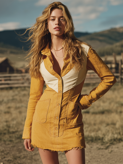 Western Vintage Yellow-and-white Contrast-panel Denim Dress