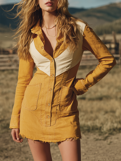 Western Vintage Yellow-and-white Contrast-panel Denim Dress