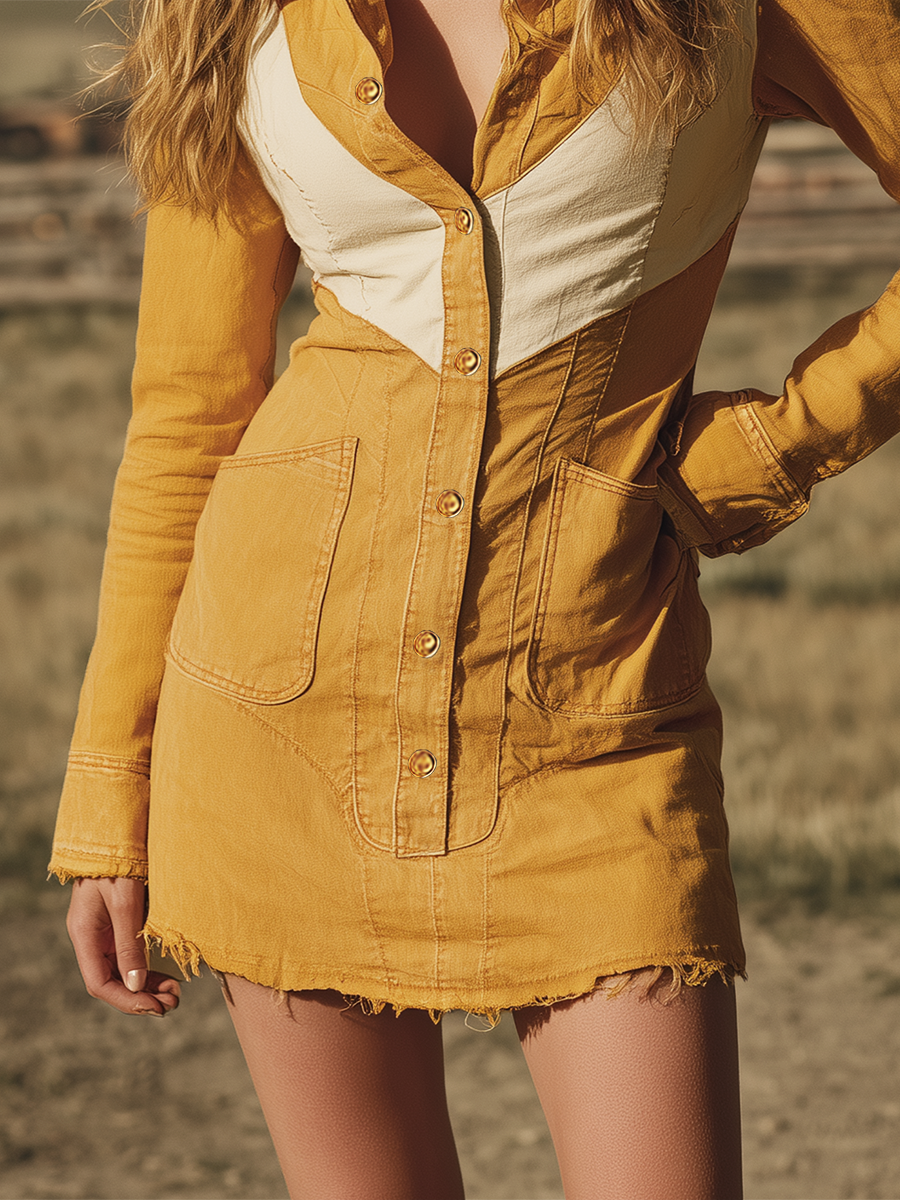 Western Vintage Yellow-and-white Contrast-panel Denim Dress