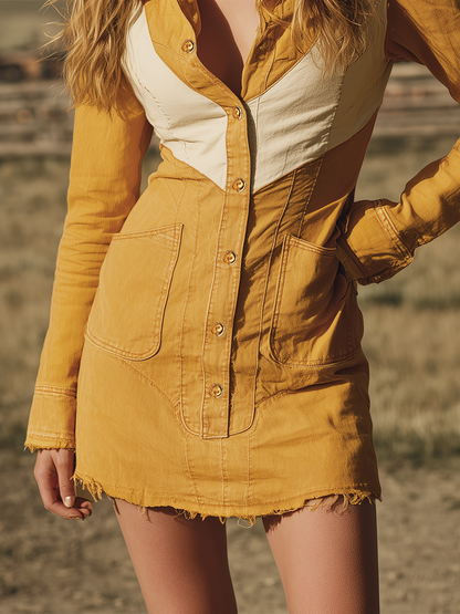Western Vintage Yellow-and-white Contrast-panel Denim Dress