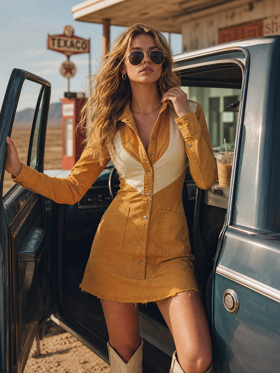 Western Vintage Yellow-and-white Contrast-panel Denim Dress