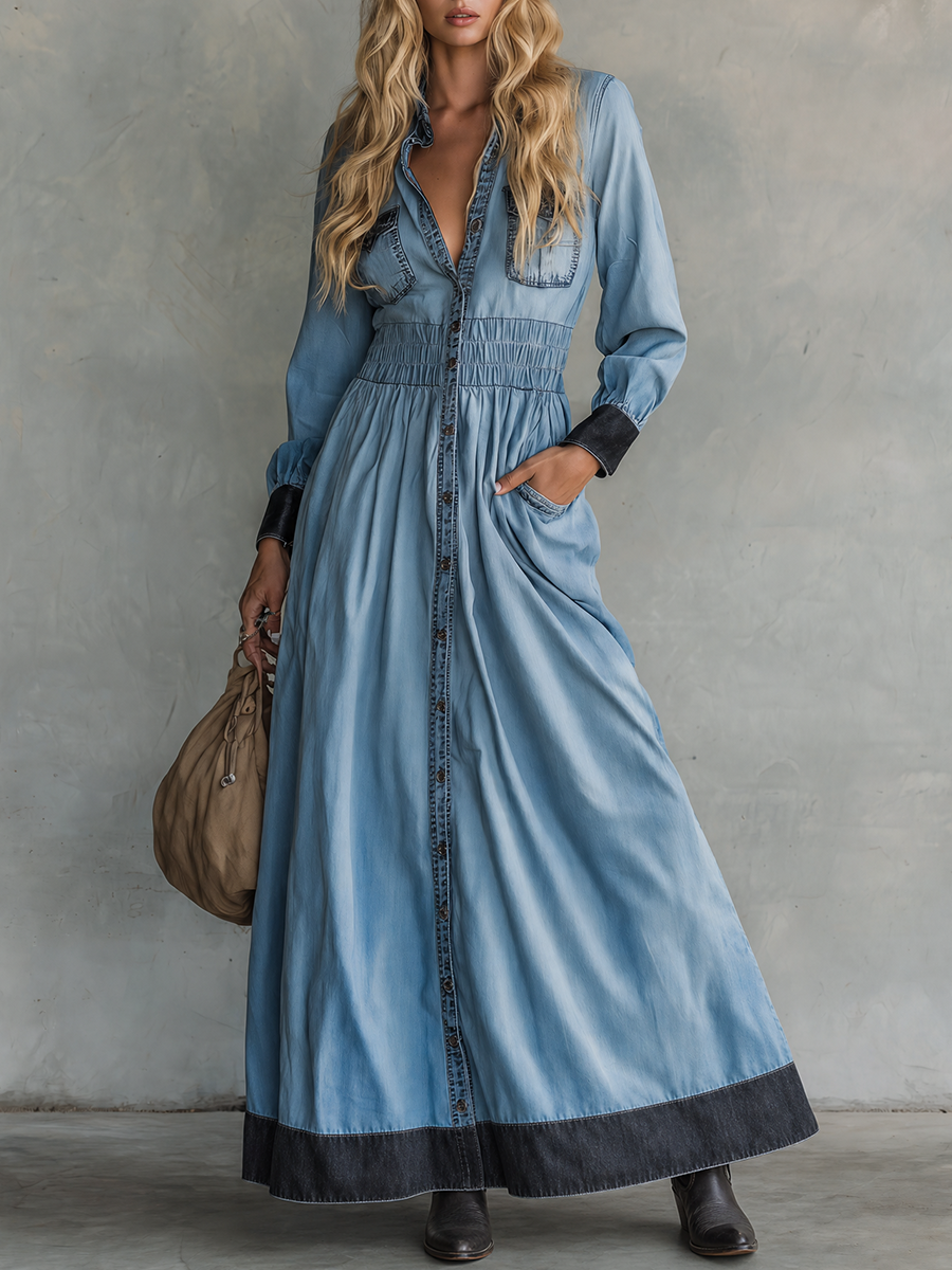 Western Vintage Contrast Denim Maxi Dress