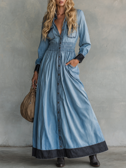 Western Vintage Contrast Denim Maxi Dress