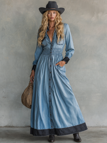 Western Vintage Contrast Denim Maxi Dress