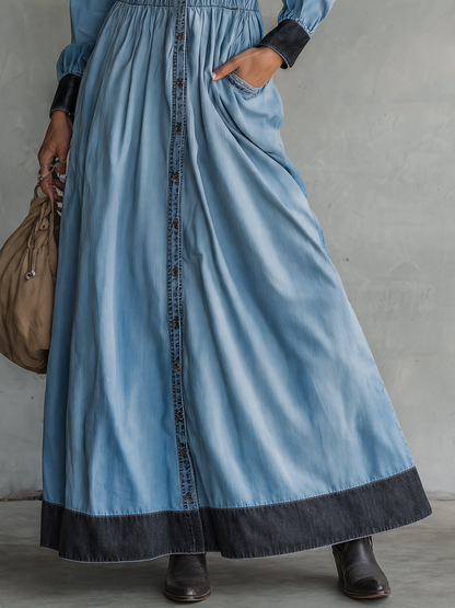 Western Vintage Contrast Denim Maxi Dress