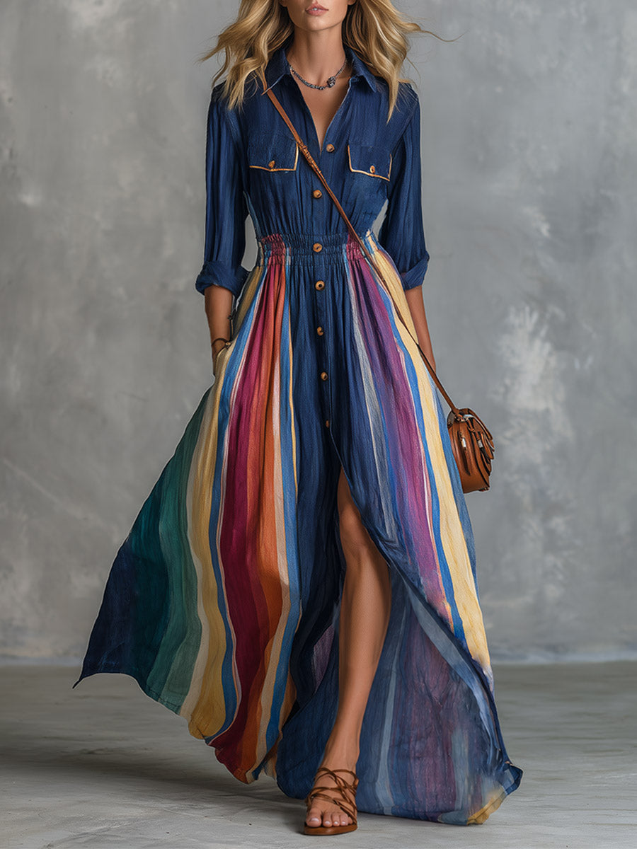Vintage-chic Navy Blue Patchwork With Multi-colored Striped Print Cotton-linen Maxi Dress