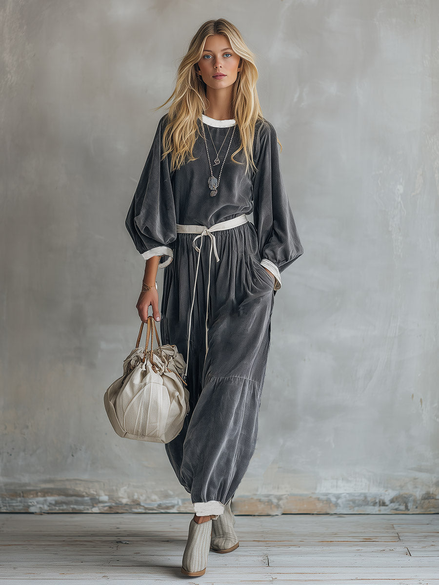 Elegant Casual Piped Trim Grey Velvet Top And Harem Pants Set