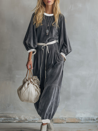 Elegant Casual Piped Trim Grey Velvet Top And Harem Pants Set