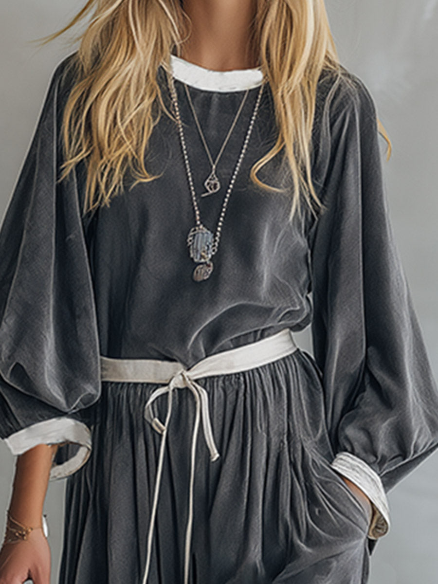 Elegant Casual Piped Trim Grey Velvet Top And Harem Pants Set