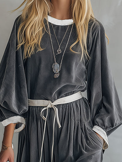 Elegant Casual Piped Trim Grey Velvet Top And Harem Pants Set