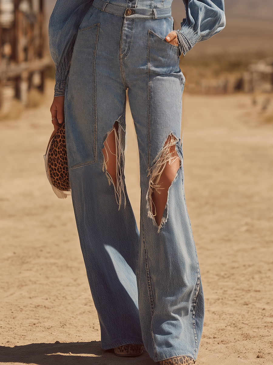 Western-style Off-shoulder Cozy Pullover Ripped Denim Jumpsuit