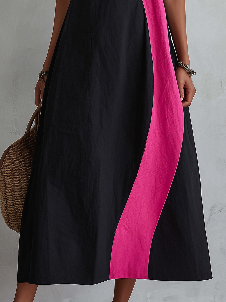 Retro-casual Elegant Western-style Color-block Sleeveless Maxi Dress In A Cotton Blend