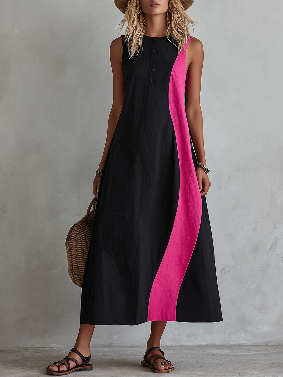 Retro-casual Elegant Western-style Color-block Sleeveless Maxi Dress In A Cotton Blend