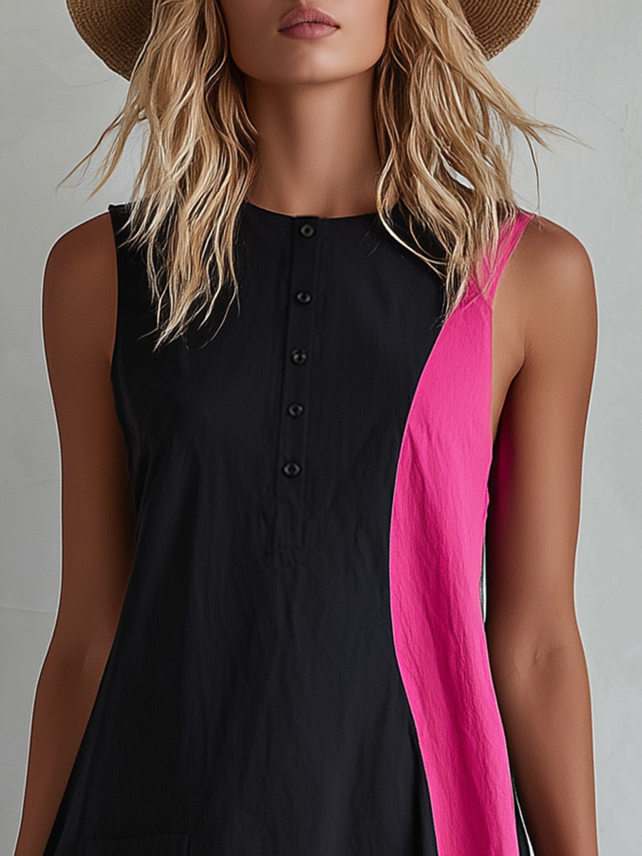 Retro-casual Elegant Western-style Color-block Sleeveless Maxi Dress In A Cotton Blend