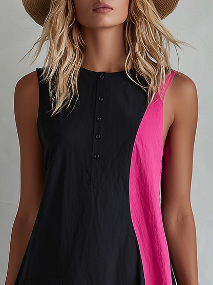 Retro-casual Elegant Western-style Color-block Sleeveless Maxi Dress In A Cotton Blend