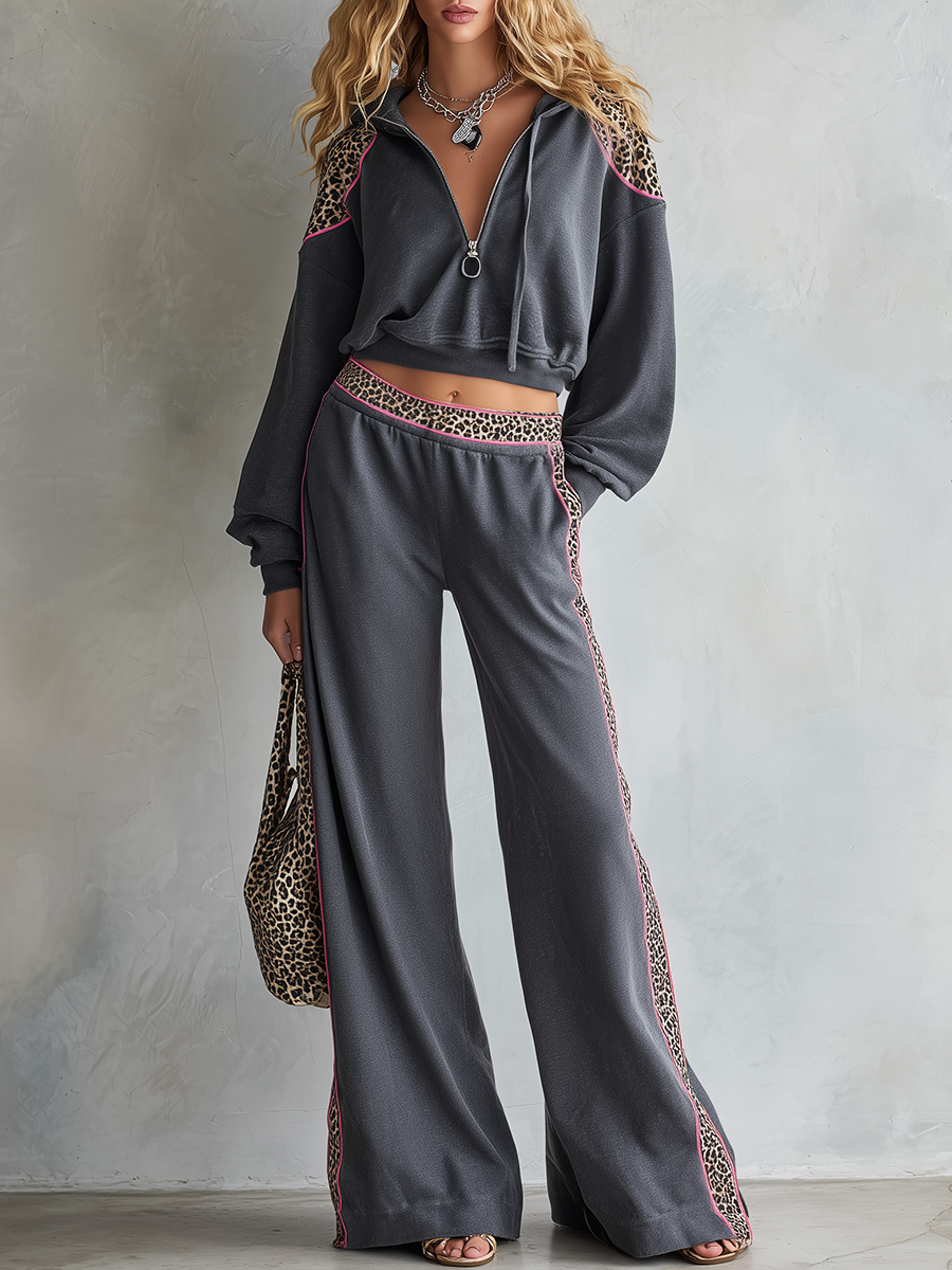 Retro-casual Elegant Western-style Cotton Sweatshirt And Matching Pants Set Featuring Leopard-print Paneling