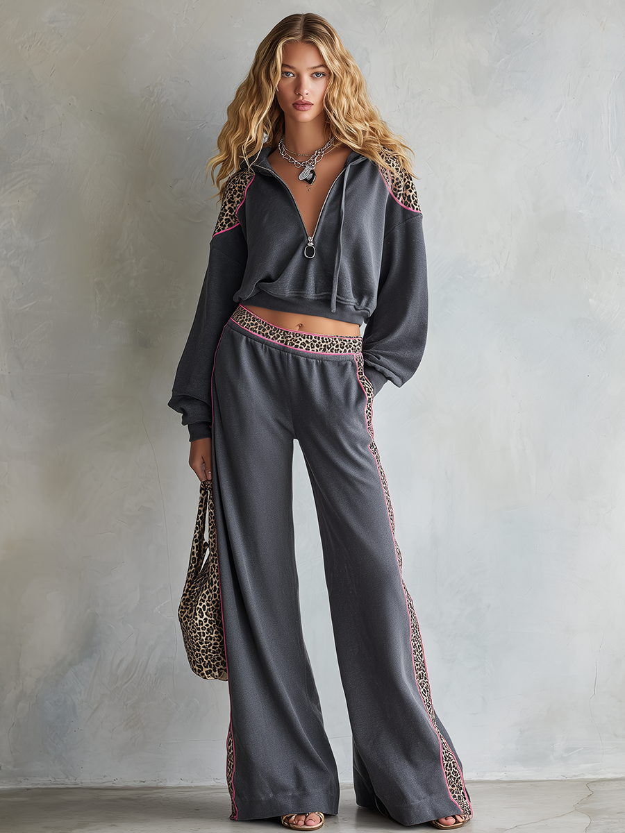 Retro-casual Elegant Western-style Cotton Sweatshirt And Matching Pants Set Featuring Leopard-print Paneling