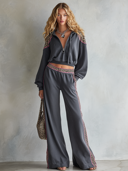 Retro-casual Elegant Western-style Cotton Sweatshirt And Matching Pants Set Featuring Leopard-print Paneling
