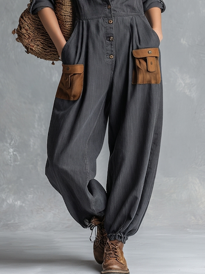 Retro American-style Lapel Button-front Contrast-color-pocket Jumpsuit