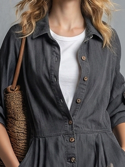 Retro American-style Lapel Button-front Contrast-color-pocket Jumpsuit