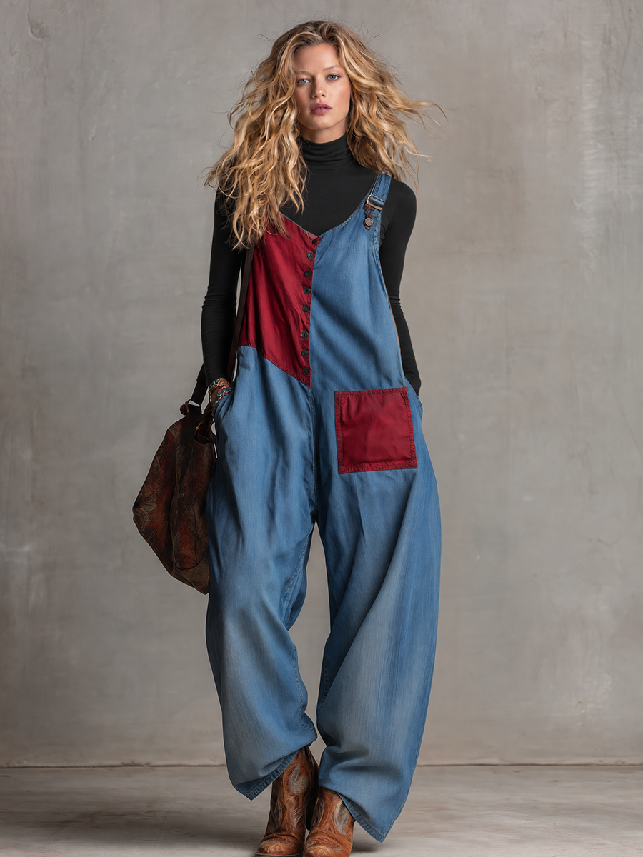 Retro Red-blue Contrast-color Paneled Button-front Loose Denim Overalls