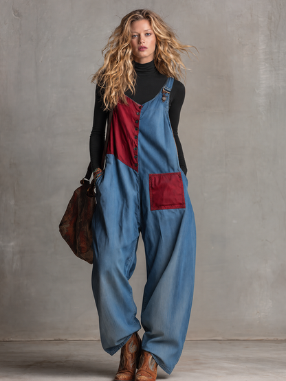 Retro Red-blue Contrast-color Paneled Button-front Loose Denim Overalls