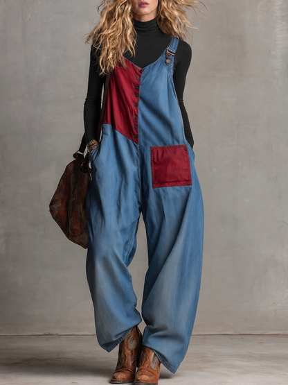 Retro Red-blue Contrast-color Paneled Button-front Loose Denim Overalls