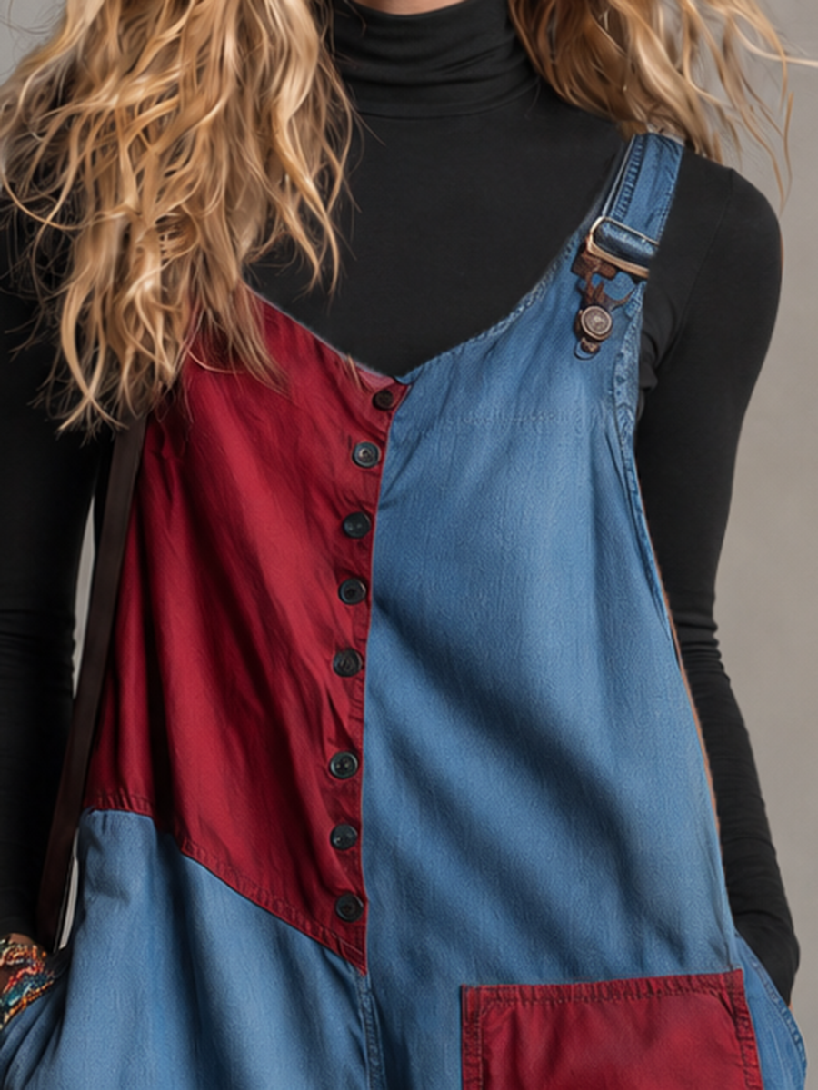Retro Red-blue Contrast-color Paneled Button-front Loose Denim Overalls