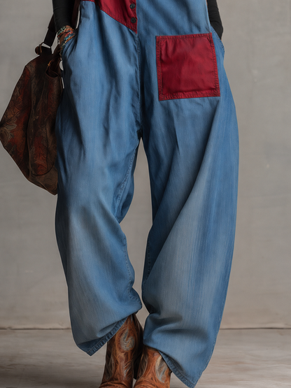 Retro Red-blue Contrast-color Paneled Button-front Loose Denim Overalls