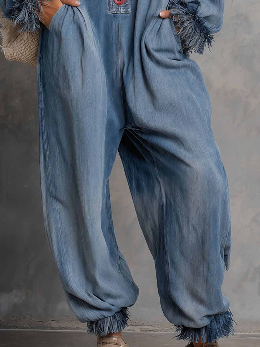 Retro Deep-v Contrast-color-button Raw-hem Denim Jumpsuit