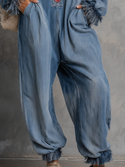 Retro Deep-v Contrast-color-button Raw-hem Denim Jumpsuit