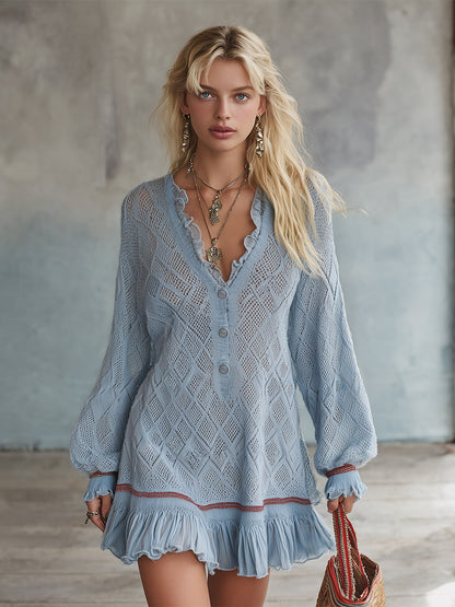 Boho Crochet Knit V-Neck Long Sleeve Ruffle Hem Mini Dress