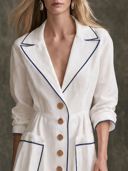 Retro Elegant White Collared Single-breasted Long-sleeved Cotton Linen Maxi Dress