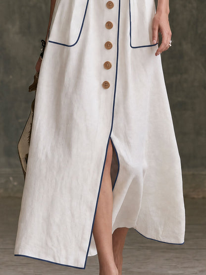 Retro Elegant White Collared Single-breasted Long-sleeved Cotton Linen Maxi Dress