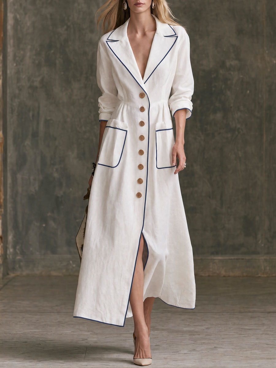 Retro Elegant White Collared Single-breasted Long-sleeved Cotton Linen Maxi Dress