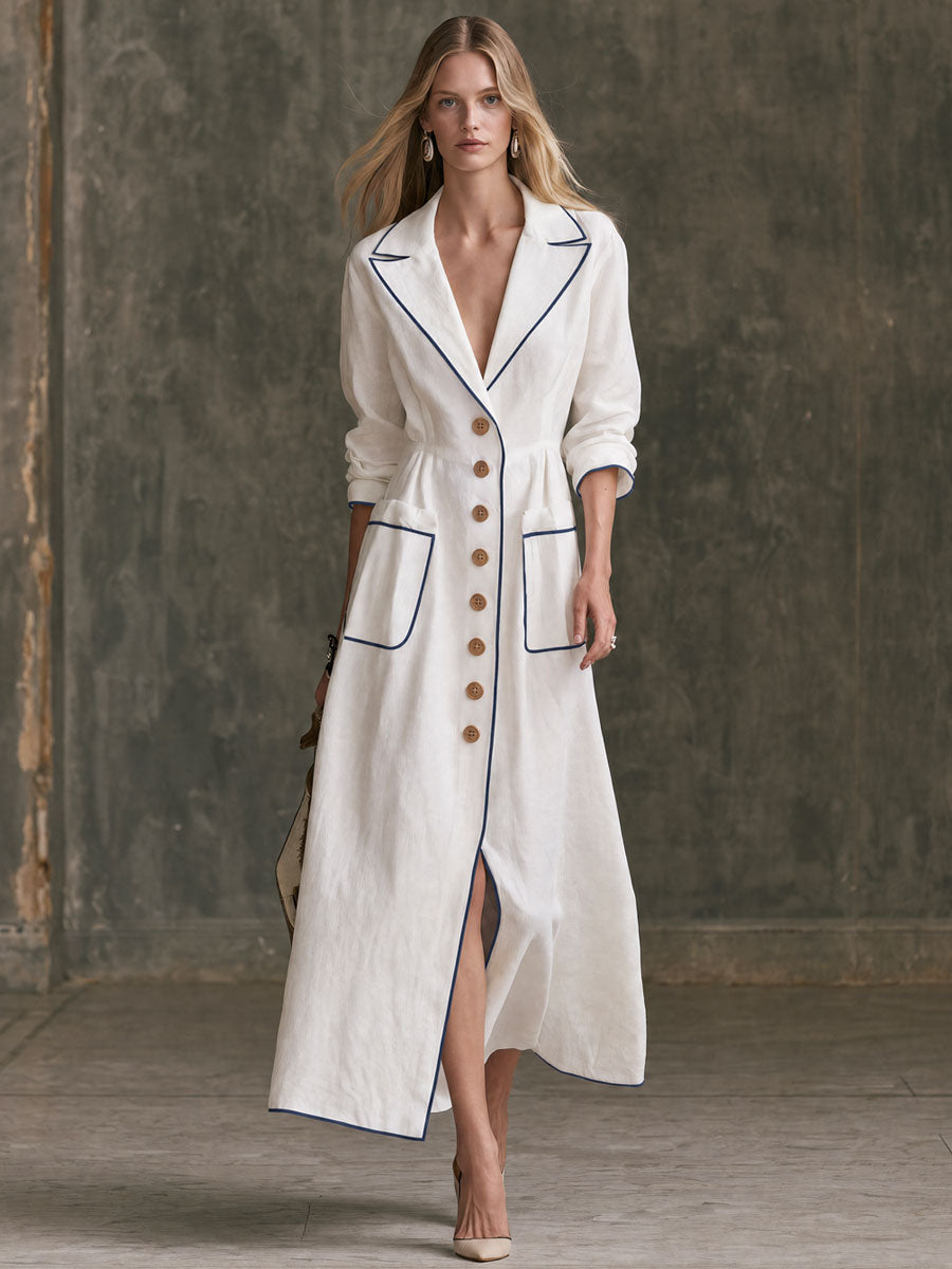 Retro Elegant White Collared Single-breasted Long-sleeved Cotton Linen Maxi Dress