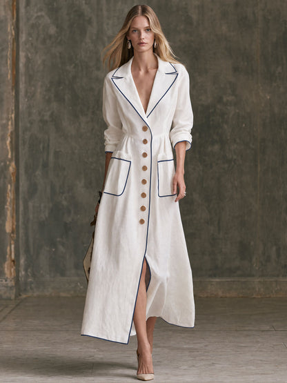 Retro Elegant White Collared Single-breasted Long-sleeved Cotton Linen Maxi Dress