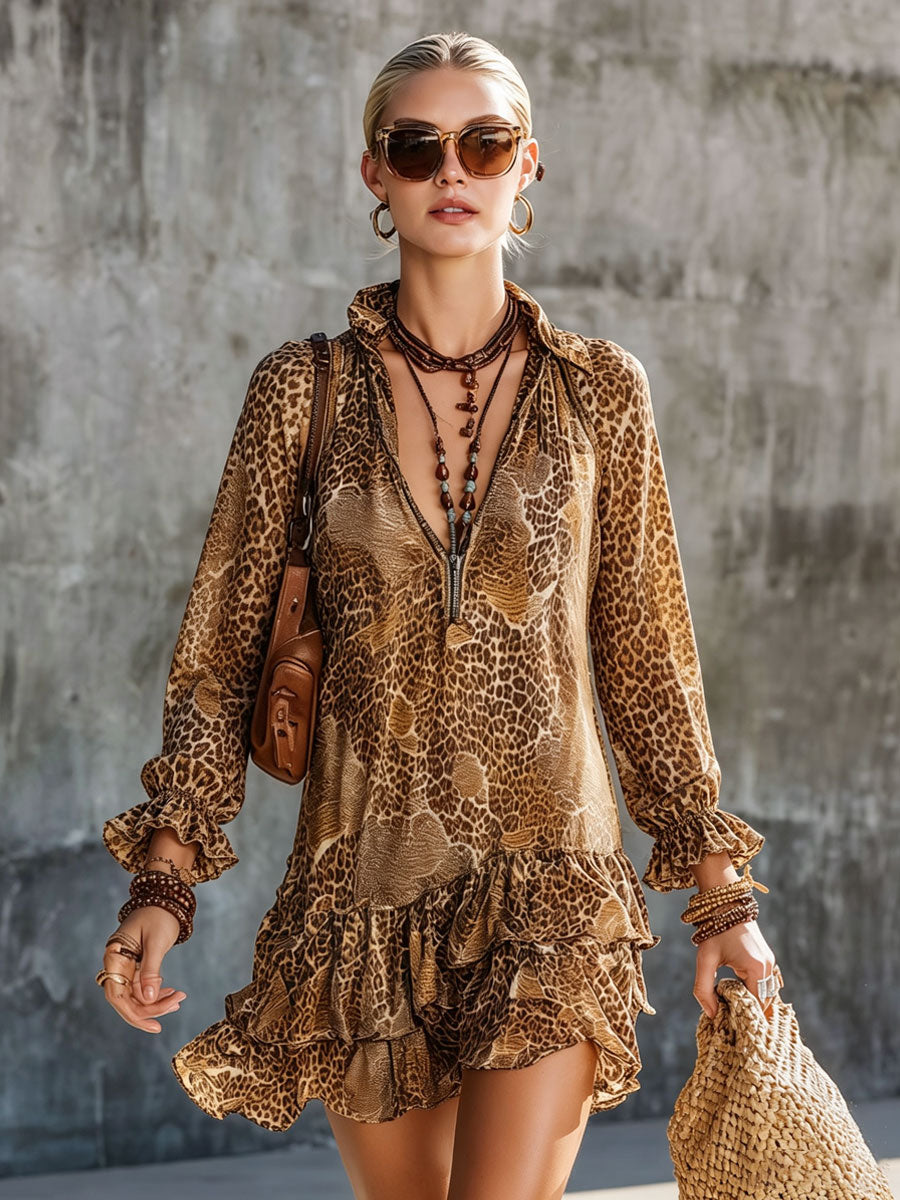 Vacation Retro Brown Chiffon Leopard Print Long-Sleeved Ruffle Mini Dress